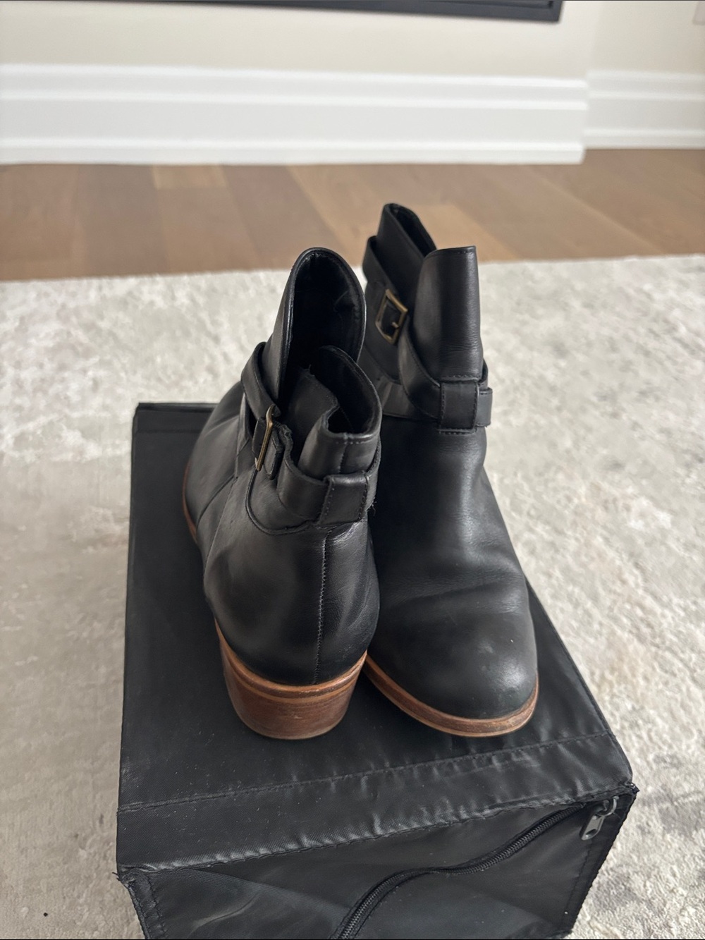 Women's Black Leather Ankle Booties with Buckle Detail